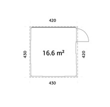 Plan avec des dimensions de 430 sur 430 et 420 sur 420 centimètres, superficie de 16,6 mètres carrés