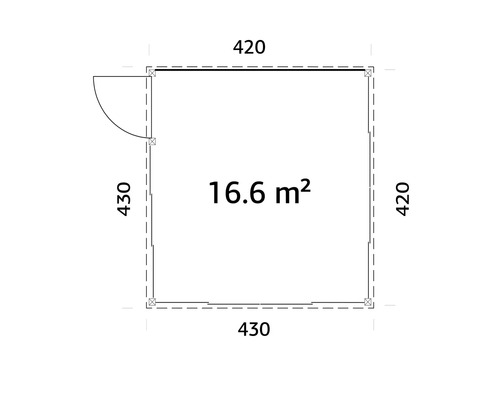 Grundriss eines Gartenhauses mit den Maßen 430 mal 430 Zentimeter und 420 mal 420 Zentimeter und einer Fläche von 16,6 Quadratmetern