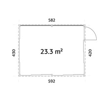 Grundriss mit Maßangaben: 430 x 582 Zentimeter, 420 x 592 Zentimeter und 23,3 Quadratmeter Fläche