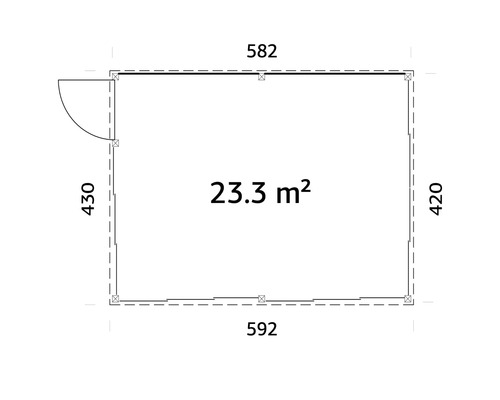 Plan d'un abri de jardin avec des dimensions de 582 x 592 x 430 x 420 cm et une surface de 23,3 m²