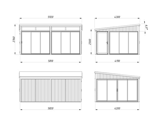 Dessin technique d'une cabane de jardin avec dimensions.