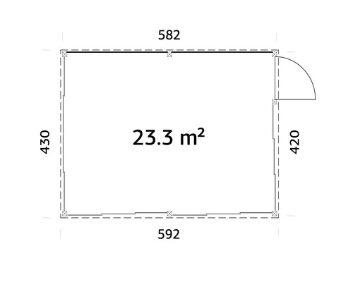 Plan avec dimensions : 582 x 430 x 592 x 420 centimètres et 23,3 mètres carrés de surface