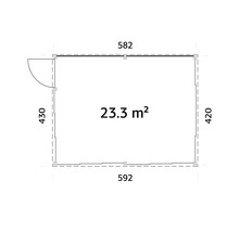Plan avec dimensions : 582 x 592 x 430 x 420, surface 23,3 mètres carrés