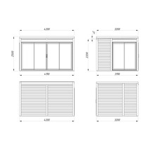 Schéma technique d'un abri de jardin avec les dimensions.