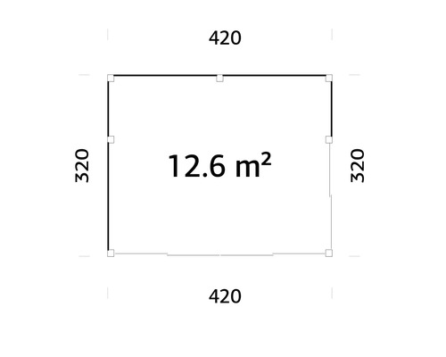 Grundriss mit Abmessungen 420 mal 320 und 12,6 Quadratmeter Fläche