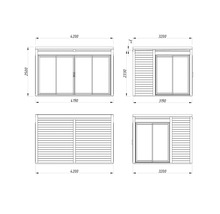 Plan technique d'un abri de jardin avec porte coulissante et indications de dimension