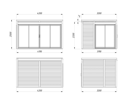 Technische Zeichnung eines Gartenhauses mit Maßen.