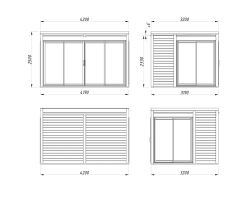 Schéma technique d'un cabanon de jardin avec porte coulissante et dimensions
