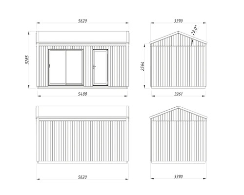 Technische Zeichnung eines Gartenhauses mit Maßangaben.