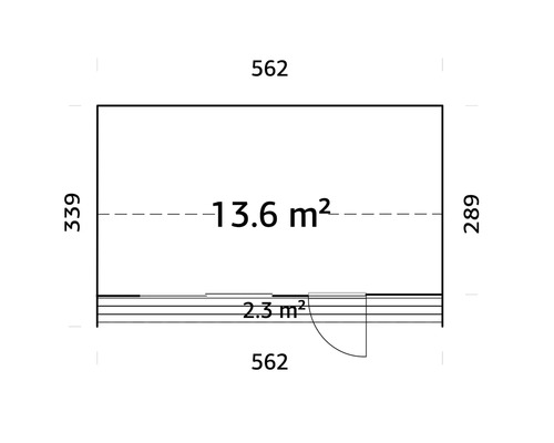 Grundriss mit Größenangaben: 562 x 339 cm, Fläche 13.6 Quadratmeter.
