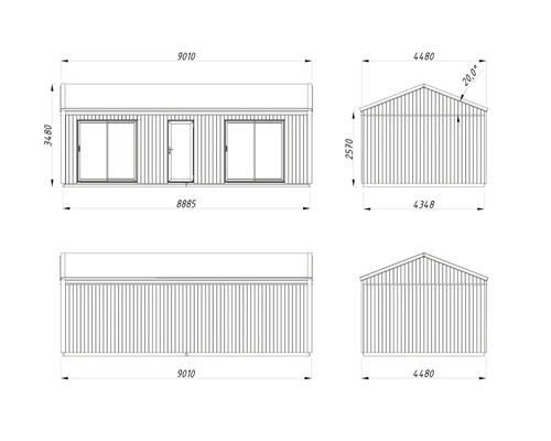 Technische Zeichnung eines Gartenhauses mit Maßangaben