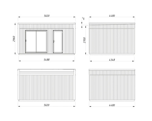 Technische Zeichnung eines Gartenhauses mit Maßen