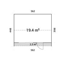 Grundriss eines Gartenhauses mit den Maßen 562 x 448 cm und einer Fläche von 19.4 Quadratmetern