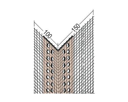 Illustration einer Eckschutzschiene mit Lochung und den Maßen 100 mal 150 Millimeter.