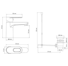 Technische Zeichnung eines Waschbecken Wasserhahns mit Abmessungen