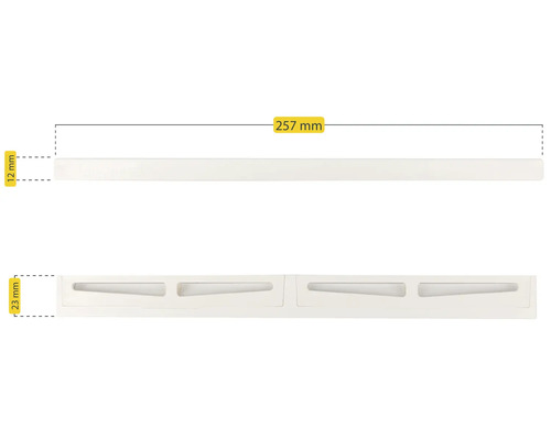 Plinthe en plastique, 257 mm de long, 12 mm de large et 23 mm de haut.
