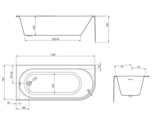Dessin technique d'une baignoire avec dimensions