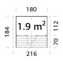 Plan d'un abri de jardin avec des dimensions de 180 par 216 par 184 par 112 centimètres et une superficie de 1,9 mètre carré