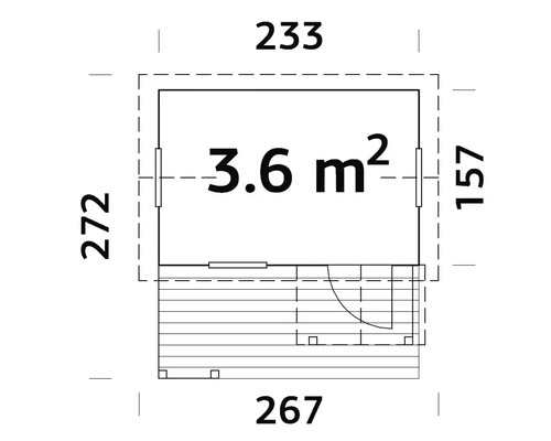 Plan d'un abri de jardin mesurant 272 x 233 centimètres, avec une hauteur de mur de 157 centimètres et une superficie de 3,6 mètres carrés.