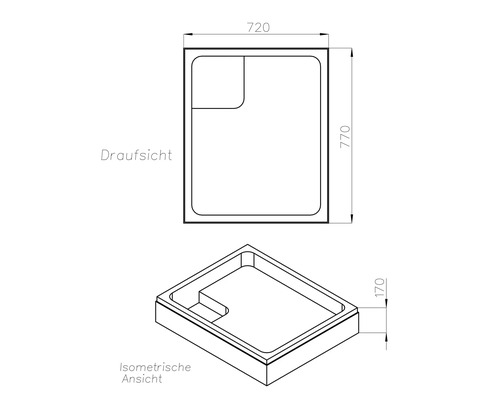 Technische Zeichnung einer Duschwanne mit den Massen 720 mal 770 Millimeter in der Draufsicht und der isometrischen Ansicht.