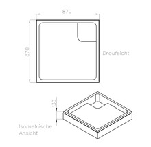 Technische Zeichnung einer Duschwanne mit den Maßen 870 x 870 Millimeter und einer Höhe von 130 Millimeter.