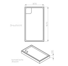 Technische Zeichnung einer Duschwanne mit Maßen 870 x 1670 x 130 Millimeter in Draufsicht und isometrischer Ansicht