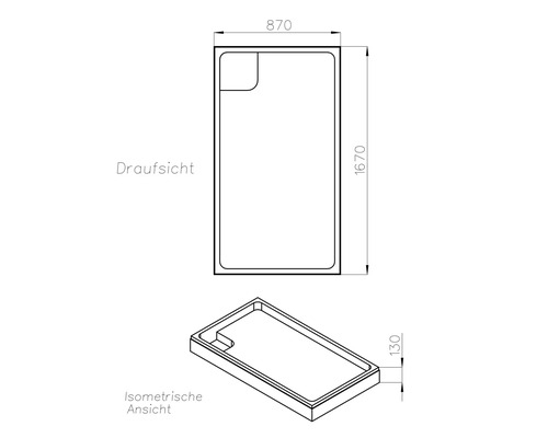 Technische Zeichnung einer Duschwanne mit Maßen 870 x 1670 x 130 Millimeter in Draufsicht und isometrischer Ansicht