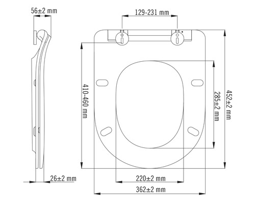Dessin technique d'un siège de WC avec cotes