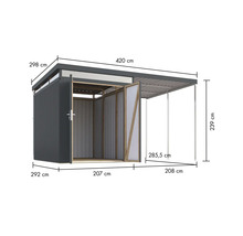 Image d'un abri de jardin avec portes ouvertes et dimensions.