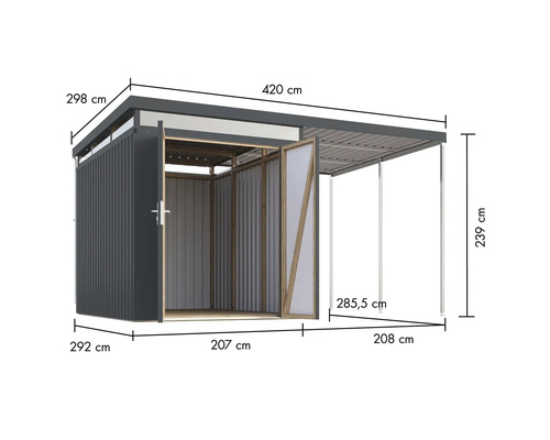 Image d'un abri de jardin avec portes ouvertes et dimensions.