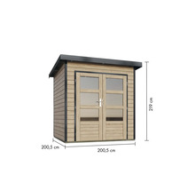 Gartenhaus aus Holz mit Doppeltür und Maßangaben 219 x 200,5 x 200,5 Zentimeter