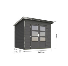 Holzgartenhaus mit Doppeltür und Maßangaben 240,5 x 240,5 x 219 Zentimeter