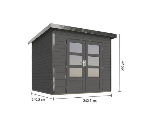 Holzgartenhaus mit Doppeltür und Maßangaben 240,5 x 240,5 x 219 Zentimeter