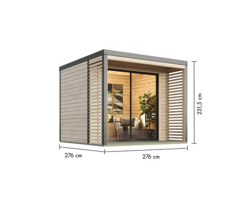 Abri de jardin en bois avec porte coulissante et dimensions de 276 x 276 x 231,5 centimètres