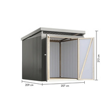 Gartenschrank aus Metall mit offenen Türen und Größenangaben