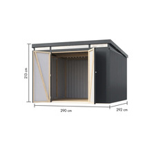 Abri de jardin en métal avec portes doubles ouvertes et indications de taille