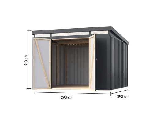 Abri de jardin en métal avec portes doubles ouvertes et indications de taille