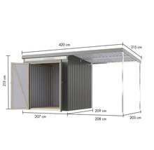 Abri de jardin avec porte ouverte et abri de voiture avec dimensions