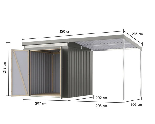 Abri de jardin avec porte ouverte et abri de voiture avec dimensions