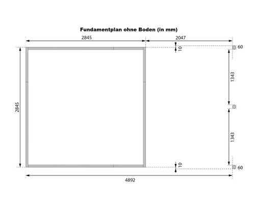 Fundamentplan ohne Boden mit Maßangaben in Millimeter