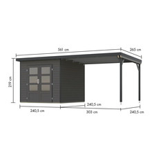 Abbildung eines Gerätehauses mit angebautem Carport und Maßangaben