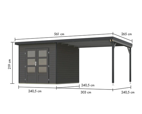 Abbildung eines Gerätehauses mit angebautem Carport und Maßangaben