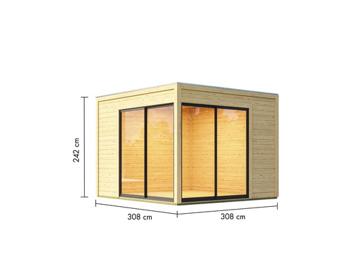 Holzgartenhaus mit Schiebetüren und den Maßen 308 mal 308 mal 242 Zentimeter
