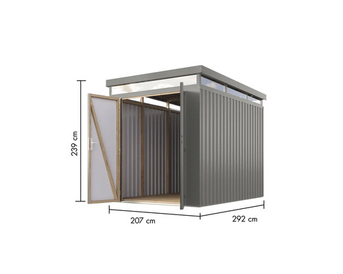 Abgebildet ist ein Gerätehaus mit den Massen 239 cm Höhe, 207 cm Breite und 292 cm Tiefe. Die Tür ist geöffnet.