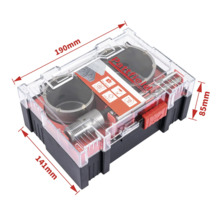 Set de scies cloches Partfield dans une boîte transparente avec indication des dimensions