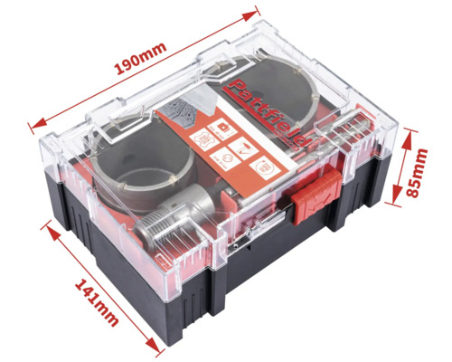 Set de scies cloches Partfield dans une boîte transparente avec indication des dimensions