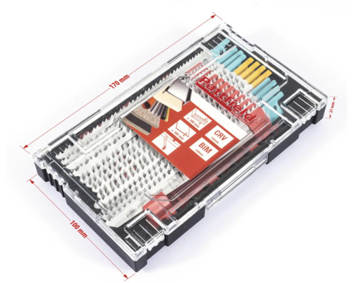 Patfield Werkzeugsatz in transparenter Box mit Abmessungen