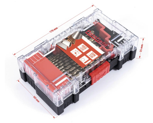 Bohrerset in Kunststoffbox mit Abmessungen