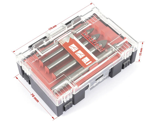 Bohrerset in transparenter Kunststoffbox mit den Maßen 170 mm x 70 mm x 35 mm.