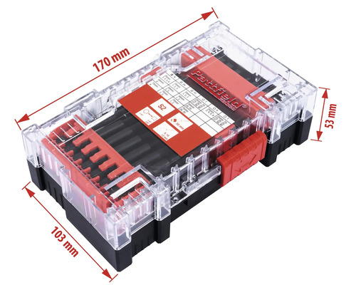 Jeu d'embouts Partfield dans une boîte en plastique transparente avec indications de taille